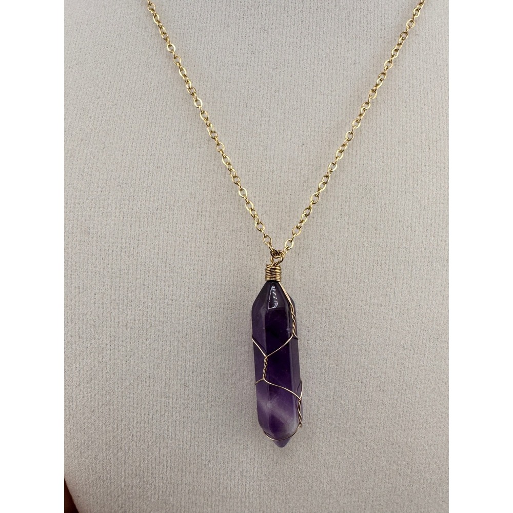 Amethyst Crystal Point Wire Wrapped Necklace New 14K Gold Plated Stainless Steel